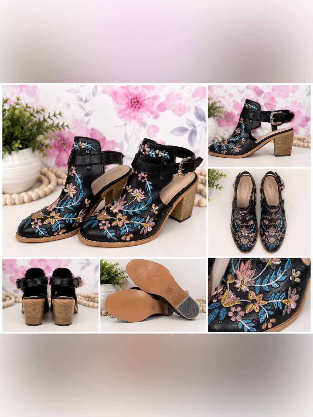 Embroidered Black Floral Block Heel Sandals